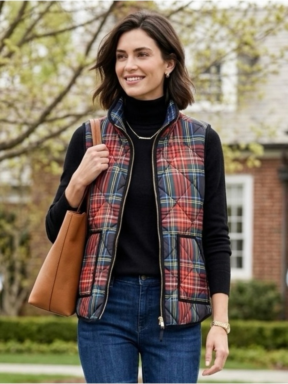 Elie Tahari NWT Tartan Plaid Quilt Puffer Vest Preppy Heritage Academia Classic